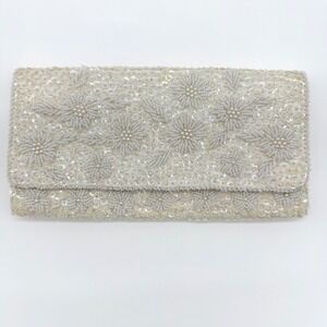 Vintage Hong Kong Beaded Clutch Purse White Sequins Floral Wedding Evening